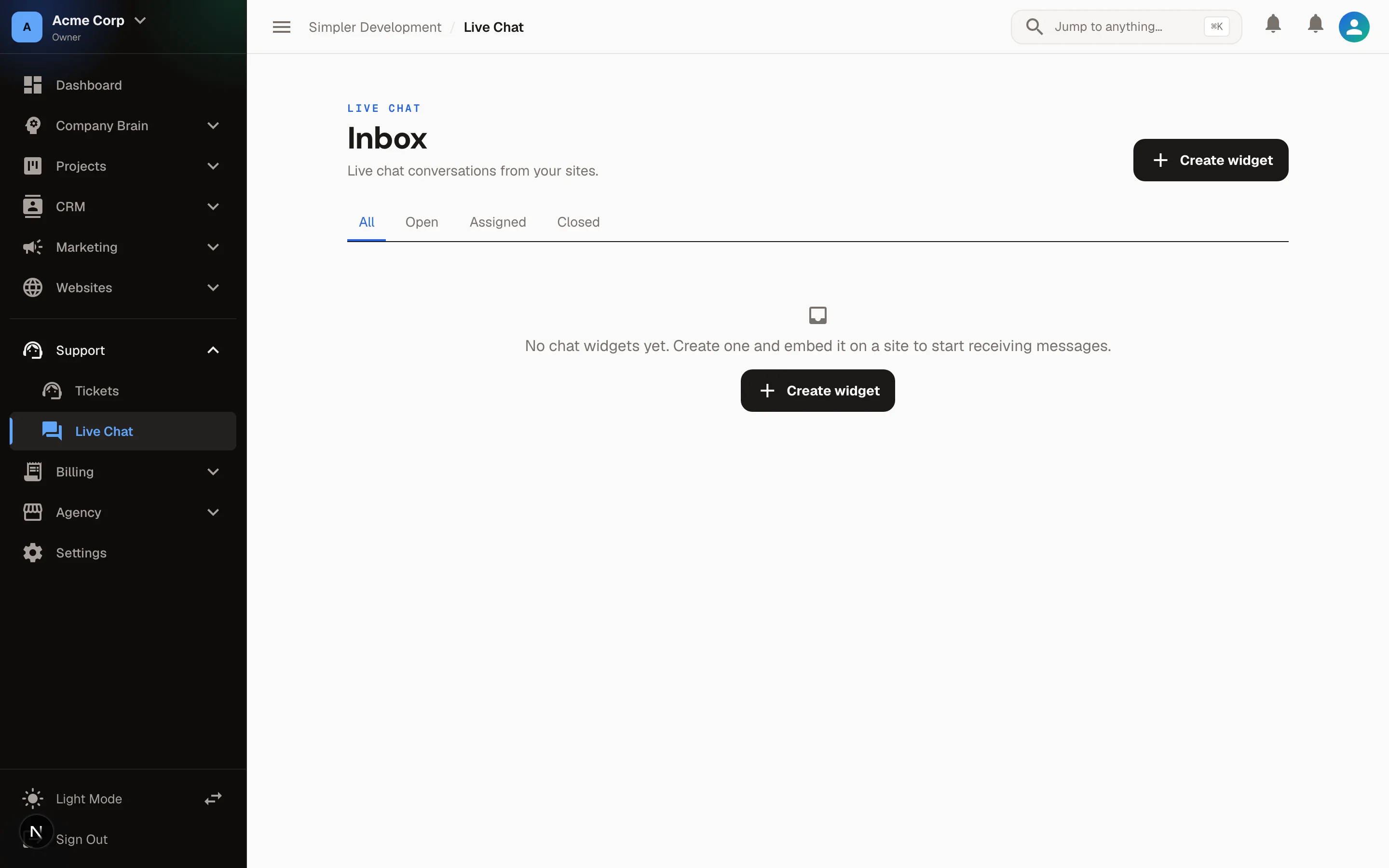 Live Chat Widget & Visitor Inbox — Inbox